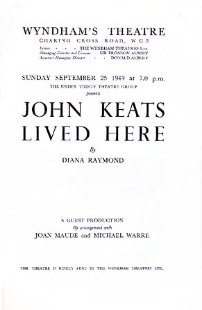 John Keats Lived Here theatre poster starring Denholm Elliott and Mona Washbourne